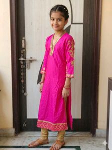 Bright Pink Embroidered Kurta Set for Girls