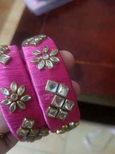 Elegant Pink Silk Thread Bangles with Kundan