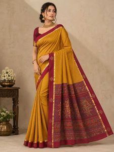 Elegant Yellow gold Saree with Maroon Border