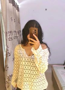 White Crochet Bell Sleeve Top
