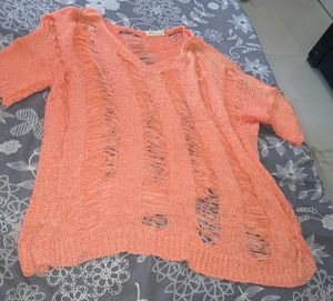 Peach Distressed Knit Sweater