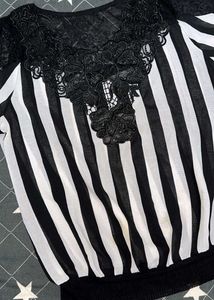Striped Lace Neck Blouse