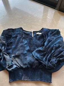 Blue Smocked Ruffle Top