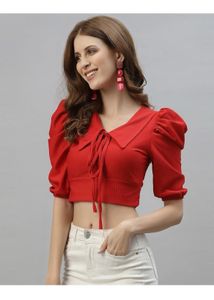 Vibrant Red Puff Sleeve Collared Crop Top