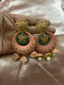 Beautiful Pink &amp; Green Jhumka Earrings
