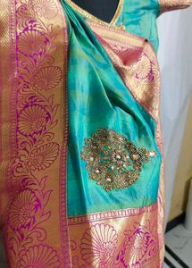 hand work 💯 Green Silk Saree with Gold Border