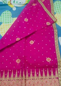 Vibrant Pink Embroidered Raw Silk Saree