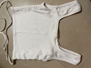 White Ribbed Crop Top with Tie Details