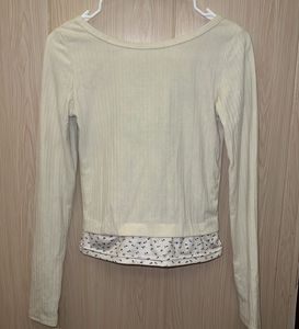 Cream Ribbed Knit Floral Trim Top