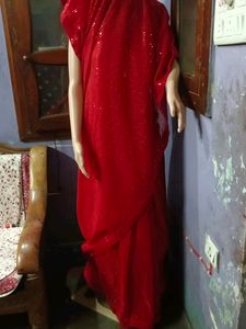 Ready To Wear Saaree Sequence Red Saree.