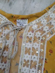 Yellow Floral Kurta with Embellished Neckline