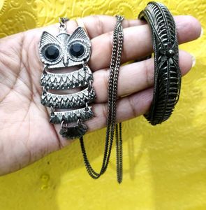 🦉Owl Pendant Necklace and Bangle Set, Vintage Loo
