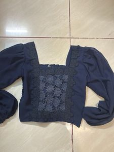 Navy Blue Square Neck Puff Sleeve Top With Embroid