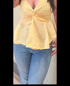 Chic Yellow Gingham Twist Front Top
