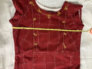 Maroon Checked Cotton A-Line Ethnic Dress