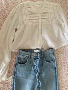 Zara High Waisted Jeans &amp; White Blouse