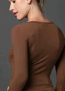 Brown Scoop Neck Long Sleeve Crop Top