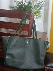 Stylish Dark Green Leather Tote Bag