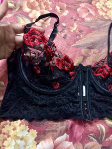 Black Embroidered Mesh Bra