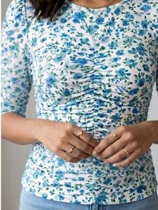 Blue Floral Ruched Puff Sleeve Top