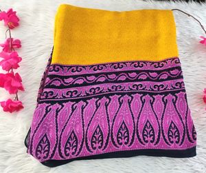 Yellow And Pink Printed Chiffon Fancy Saree
