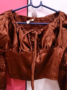 Chic Brown Satin Tie-Front Crop Top