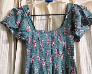 Light sea green Floral Smocked Midi Dress