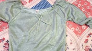 Mint Green Glittery Lurex Top with 3/4 Puff Sleeve