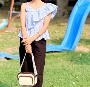 Chic Blue Gingham Ruffle Top