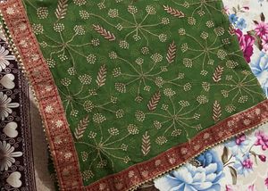 Red green banarsi suit with combo kurta phulkari