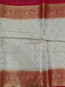 Cream &amp; Red Brocade Saree