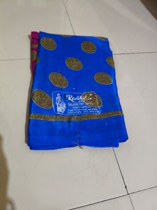 Blue Saree with Gold Polka Dots