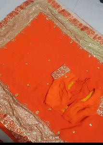 Beautiful Orange Embellished Saree with Blouse