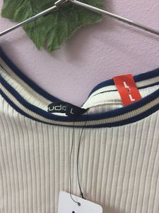 Ribbed Cream Tank Top with Navy Trim