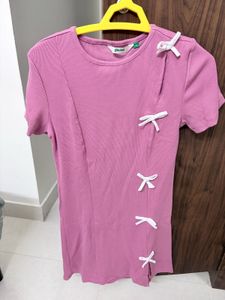 Pink Ribbed Dress with Bow Details