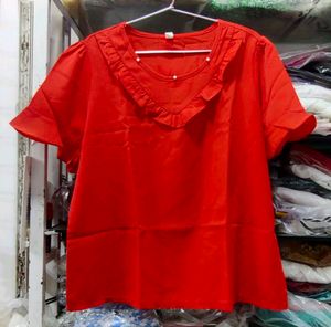 Red Ruffle Neck Short Sleeve Top