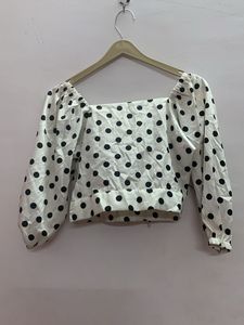 White With Black Polka Dot Tie-Front Top