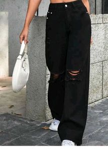 full set Black Ripped Wide Leg Jeans