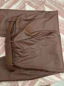 Brown Faux Leather Pants with Belt