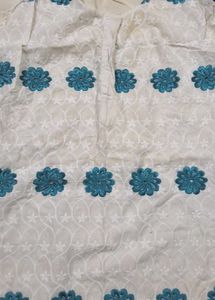 White Kurta with Teal Floral Embroidery
