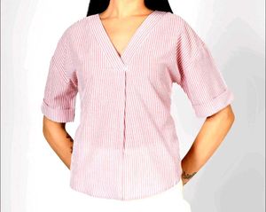 trending Pink Striped V-Neck Top korean