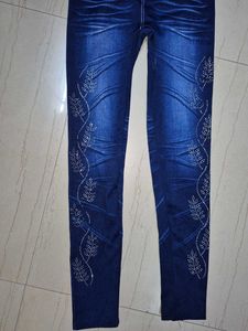 Blue Handwork Rhinestone Denim Leggings