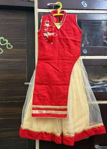 Cute Red & Cream Girls' kurti cut lehenga