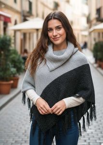 Chic Fringed Knit Poncho Sweater