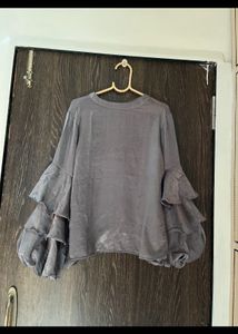 Stylish Grey Ruffle Sleeve Top