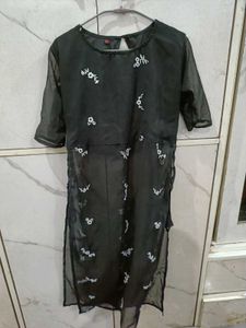 Black Embroidered Kurta Set with Sheer Sleeves Siz