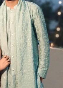 Men's Blue Embroidered Kurta with Stole