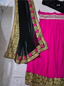 Vibrant Pink &amp; Black Embroidered Lehenga Set