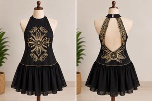 Embroidered Black Halter Dress
