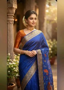 New Royal Blue Embroidered Saree + Blouse piece